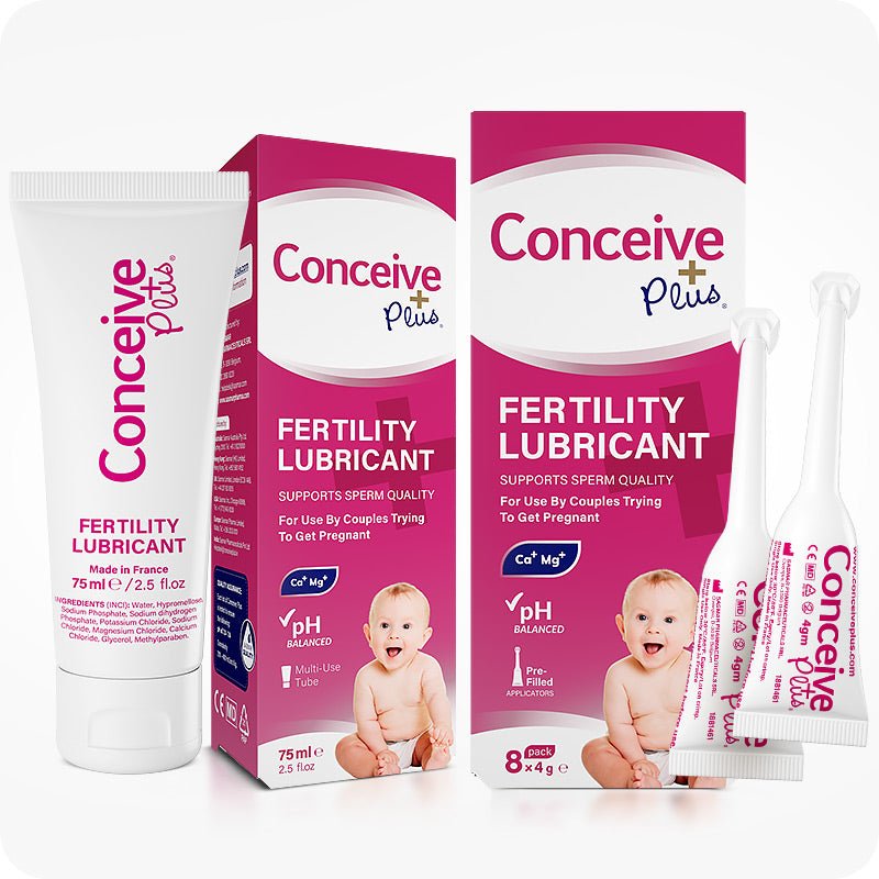 Conceive Plus Fertility Lubricant Tube + Applicators pack featuring a 75ml multi-use tube and 8 pre-filled applicators for couples trying to conceive. The product is displayed with its packaging, showing the tube and applicators arranged neatly alongside the branded boxes on a clean white background.