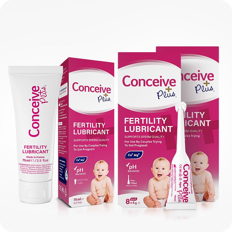 Duo Combo Fertility Lubricant Bundle showing Conceive Plus 75ml tube and 8x4g pre-filled applicator pack with branded boxes and applicator. The image features pink and white packaging with purple and white icons, showcasing product benefits like pH balance, calcium and magnesium ions, and use for couples trying to conceive.