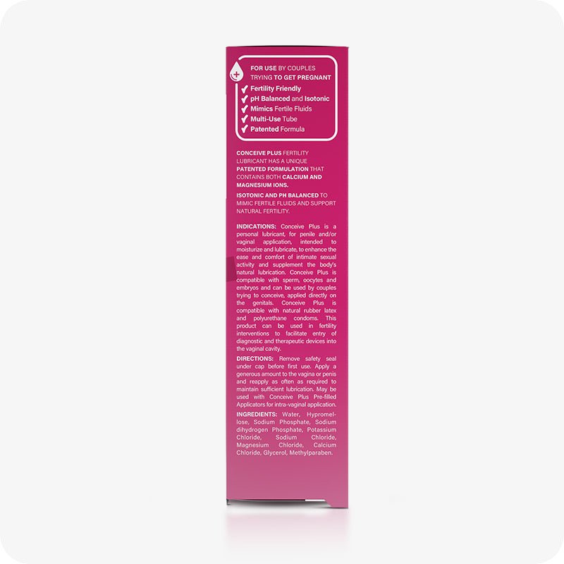For Conceive Plus Duo Combo Fertility Lubricant Bundle, the image highlights the 75ml box side panel featuring key product benefits—fertility-friendly, pH balanced, isotonic, and enriched with calcium and magnesium ions. It also includes usage instructions, ingredients, and compatibility notes for TTC couples.