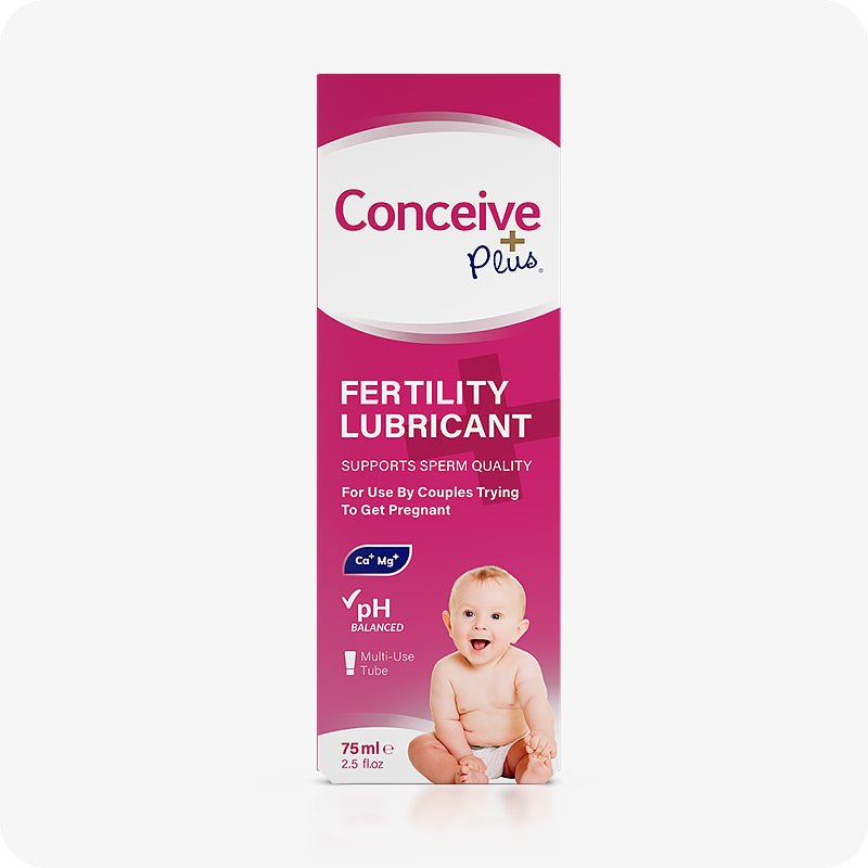 For Conceive Plus Duo Combo Fertility Lubricant Bundle, this image shows a single 75ml retail box of the fertility lubricant. The packaging features a pink and white design with branding prominently displayed, pH balanced and Ca²⁺ + Mg²⁺ claims, and a baby image at the bottom to communicate its intended use by couples trying to conceive.