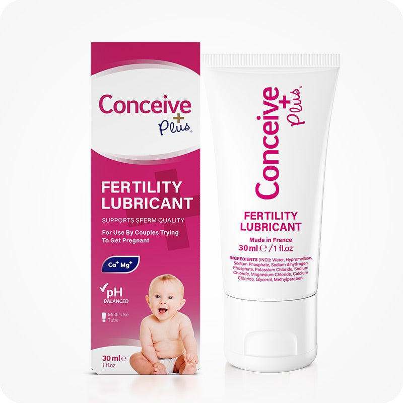 Conceive Plus Max Couples Fertility Bundle featuring 30ml Fertility Lubricant in a white tube alongside its matching pink and white retail box, designed to support sperm quality and pH balance, shown upright on a clean white background.