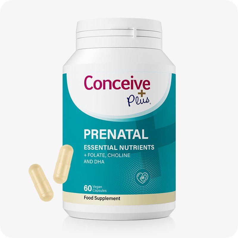 Front-facing bottle of Conceive Plus Prenatal Essential Nutrients supplement with teal and white labeling, shown with two beige vegan capsules beside it. Contains 60 capsules designed to support prenatal health with folate, choline, and DHA.