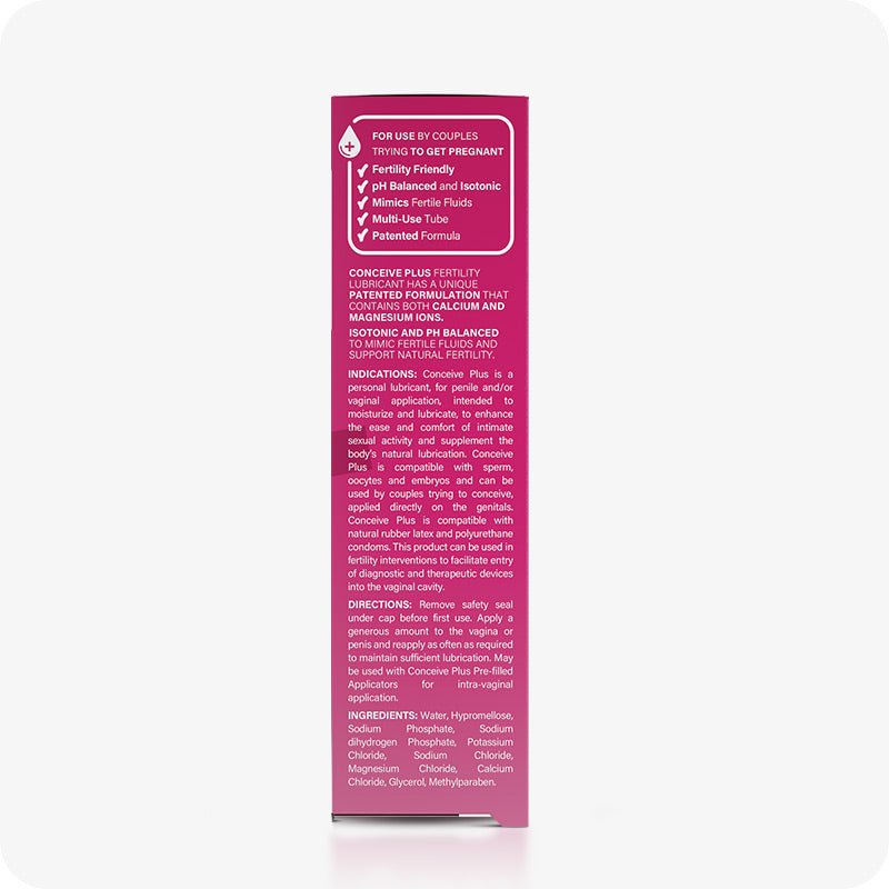 For Conceive Plus Try Me Size Fertility Lubricant Bundle, the image shows side panel of 30ml tube packaging, detailing product benefits such as pH balanced, fertility friendly, and patented formula. It includes application directions, key ingredients, and indications for use, all presented in white text on a pink background.