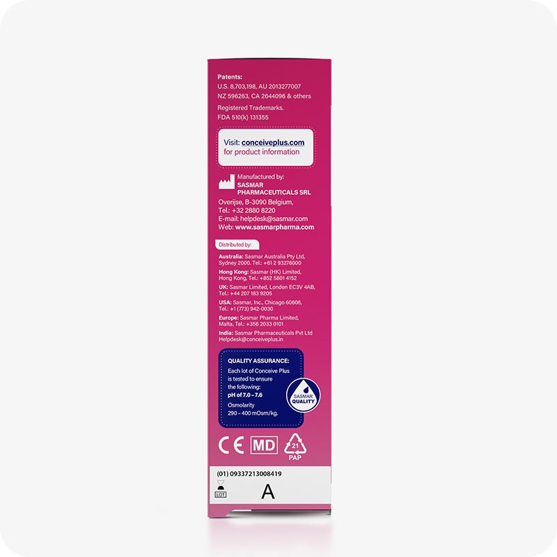 For Conceive Plus Try Me Size Fertility Lubricant Bundle, image shows the side panel of 30ml lubricant box. The panel includes Conceive Plus manufacturer information, distributor contacts across regions, quality assurance metrics for pH and osmolarity, medical compliance icons, and a product information link.