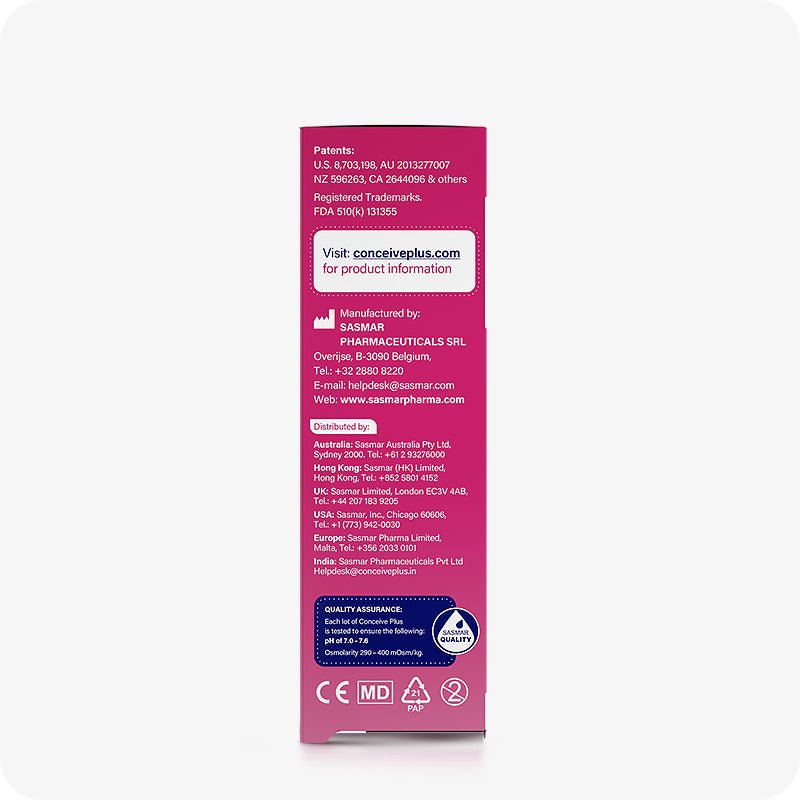 For Conceive Plus Try Me Size Fertility Lubricant Bundle, image shows the side panel of 3x4g applicators box on a white background. The panel features Conceive Plus manufacturer and distributor details, a product information website link, quality assurance data including pH and osmolarity, and international certification icons on a pink background.