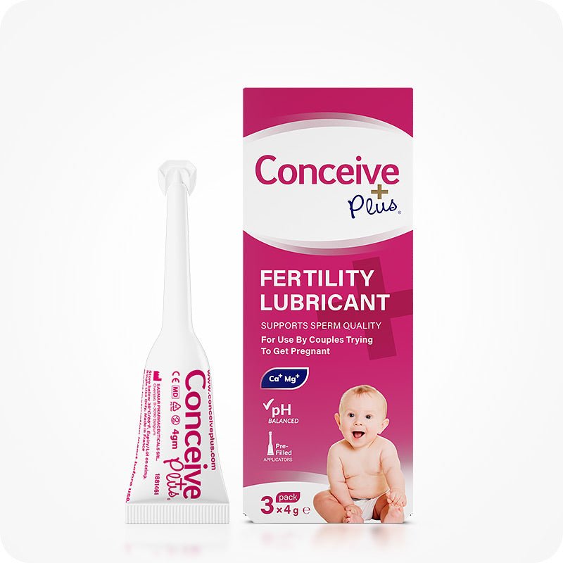 Conceive Plus Women's Fertility Support + Applicators showing a 3-pack box of fertility lubricant pre-filled applicators and one individual 4g tube, displayed upright on a white background with baby imagery and pH-balanced sperm quality support labeling.