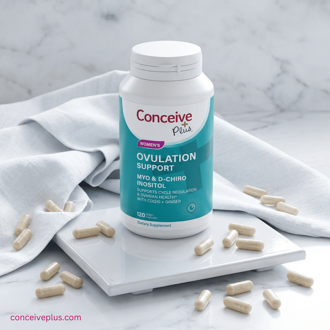 Woman's ovulation support supplements with myo-inositol and d-chiro-inositol on marble flatlay