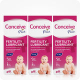 For Conceive Plus Fertility Lubricant Tube + Applicators bundle, the image shows a triple pack of 8x4g pre-filled applicator boxes. Each box highlights product benefits like ‘supports sperm quality,’ ‘pH balanced,’ 'Ca+ and Mg+ content,' and ‘pre-filled applicators,’ along with a baby image and signature pink and white branding on a white background.