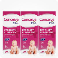 For Conceive Plus Fertility Lubricant Tube + Applicators bundle, the image shows a triple pack of 8x4g pre-filled applicator boxes. Each box highlights product benefits like ‘supports sperm quality,’ ‘pH balanced,’ 'Ca+ and Mg+ content,' and ‘pre-filled applicators,’ along with a baby image and signature pink and white branding on a white background.