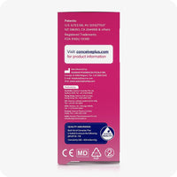 For Conceive Plus Fertility Lubricant Tube + Applicators bundle, the image shows the side panel of the 8x4g applicators box. The panel displays distributor contacts by region, product website, manufacturer details, quality assurance information including pH and osmolarity, and medical certification icons on a pink background.