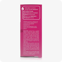 For Conceive Plus Fertility Lubricant Tube + Applicators bundle, the image shows the side panel of the 8x4g applicators box. The panel outlines product benefits such as pH balanced, mimics fertile fluids, and patented formula, along with detailed usage instructions, indications, and application steps in white text on a pink background.