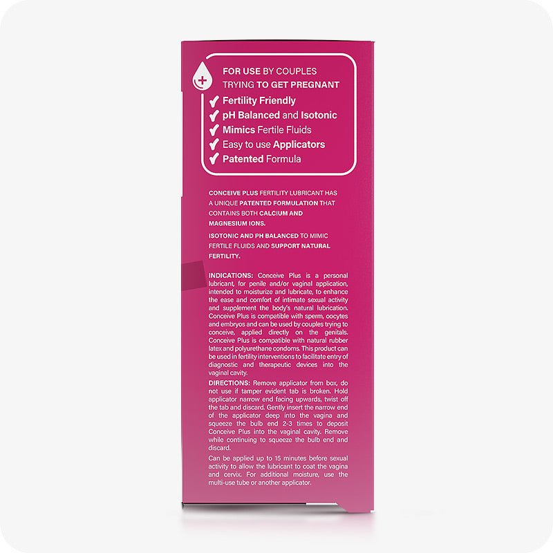For Conceive Plus Fertility Lubricant Tube + Applicators bundle, the image shows the side panel of the 8x4g applicators box. The panel outlines product benefits such as pH balanced, mimics fertile fluids, and patented formula, along with detailed usage instructions, indications, and application steps in white text on a pink background.