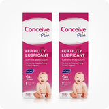 For Conceive Plus Fertility Lubricant Tube + Applicators bundle, the image shows a twin pack of 75ml multi-use tube boxes. Both packages display product claims like ‘supports sperm quality’ and ‘pH balanced,’ along with the brand’s pink and white design and a baby image on a white background.