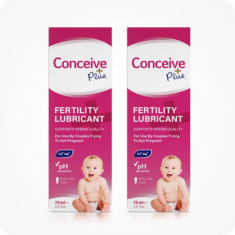 For Conceive Plus Fertility Lubricant Tube + Applicators bundle, the image shows a twin pack of 75ml multi-use tube boxes. Both packages display product claims like ‘supports sperm quality’ and ‘pH balanced,’ along with the brand’s pink and white design and a baby image on a white background.