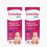 For Conceive Plus Fertility Lubricant Tube + Applicators bundle, the image shows a double pack of 8x4g pre-filled applicator boxes. Both boxes highlights info about sperm quality support, pH balance, Ca+ and Mg+ content, and pre-filled feature along with a baby image and pink and white branding on a clean white background.