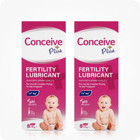 For Conceive Plus Fertility Lubricant Tube + Applicators bundle, the image shows a double pack of 8x4g pre-filled applicator boxes. Both boxes highlights info about sperm quality support, pH balance, Ca+ and Mg+ content, and pre-filled feature along with a baby image and pink and white branding on a clean white background.