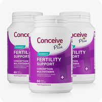Conceive Plus Couples Bundle Fertility Support | His/Her Deal showing a 3-pack of Women’s Fertility Support supplements, each bottle labeled as a conception multivitamin with 60 vegan capsules, designed to support female fertility, featured in purple packaging.