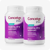 Conceive Plus Couples Bundle Fertility Support | His/Her Deal featuring a 2-pack of Women’s Fertility Support bottles, each labeled as a conception multivitamin with 60 vegan capsules, designed to support fertility when trying to conceive, shown in purple packaging.