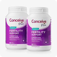 Conceive Plus Couples Bundle Fertility Support | His/Her Deal featuring a 2-pack of Women’s Fertility Support bottles, each labeled as a conception multivitamin with 60 vegan capsules, designed to support fertility when trying to conceive, shown in purple packaging.