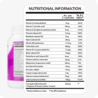 Conceive Plus Couples Bundle Fertility Support | His/Her Deal featuring supplement facts label for Women’s Fertility Support capsules, detailing active ingredients per two-capsule serving including vitamins D, C, E, B-complex, folate, zinc, biotin, selenium, and a 220mg Conception Blend of inositol, L-arginine, N-acetyl cysteine, and taurine.