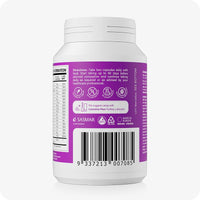 Conceive Plus Couples Bundle Fertility Support | His/Her Deal showing back label of Women’s Fertility Support supplement bottle, with dosage directions, nutrition table, ingredient icons, and product barcode printed on a purple background.