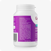 Conceive Plus Couples Bundle Fertility Support | His/Her Deal featuring side label of Women’s Fertility Support bottle, displaying manufacturer contact details, safety warnings, allergy advice, and usage cautions on a purple background.