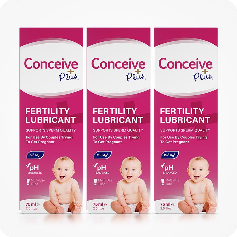 Image of three boxes of Conceive Plus fertility lubricant tube 75ml placed side by side on a white background. Pink boxes with white branding and text have information about sperm quality support, calcium and magnesium content, pH balance, multi-use feature, and quantity of the lube.