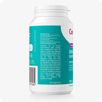Conceive Plus Fertility Pack Ovulation & Motility Support showing side view of Ovulation Support bottle with teal label, featuring usage cautions, allergen advice, distributor contact details, and barcode, captured clearly for consumer transparency on a white background.