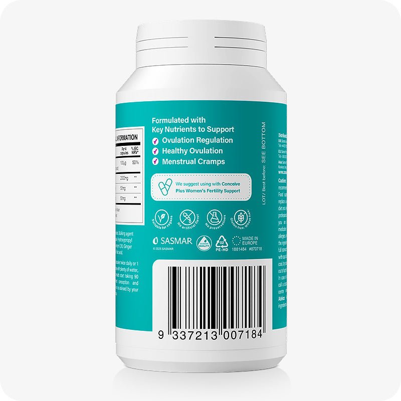 Conceive Plus Fertility Pack Ovulation & Motility Support featuring back side of Women’s Ovulation Support bottle in teal, highlighting key benefits such as ovulation regulation, menstrual cramp relief, and healthy ovulation, along with product certifications, barcode, and usage pairing suggestion, all shown against a white background.