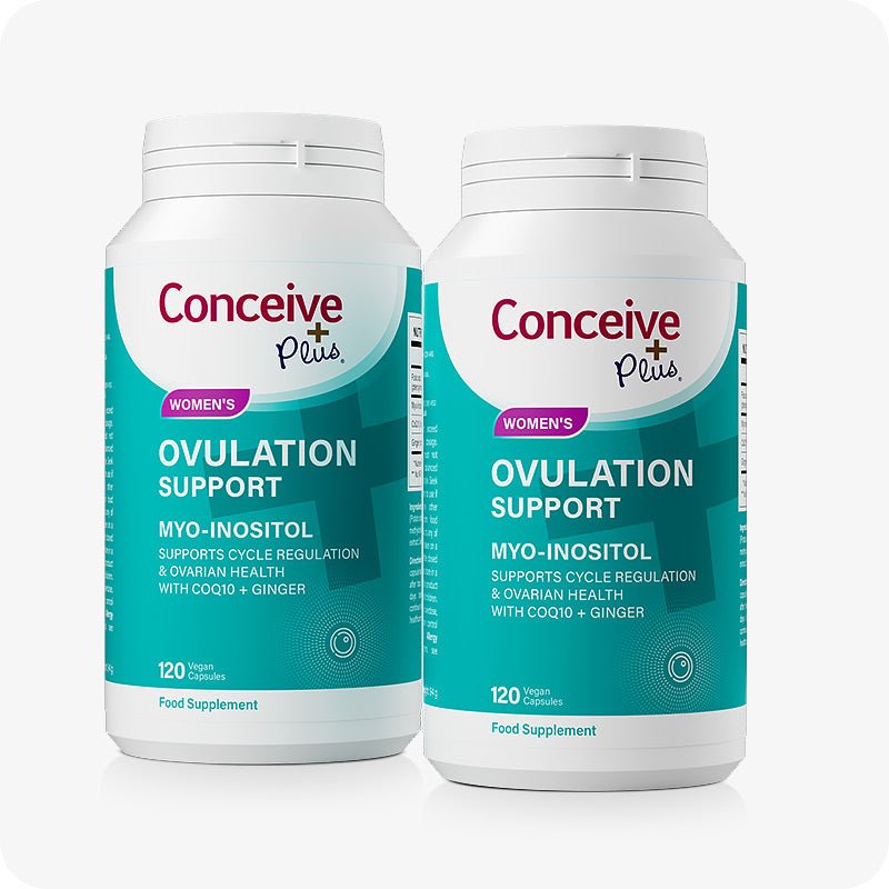 Conceive Plus Fertility Pack Ovulation & Motility Support featuring a twin pack of Women’s Ovulation Support bottles with teal labels, each containing 120 vegan capsules formulated with Myo-Inositol, CoQ10, and ginger to support cycle regulation and ovarian health, shown against a white background.