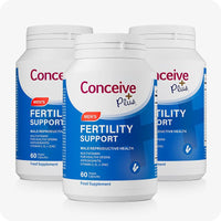 Conceive Plus Men's Fertility Support + Lubricant featuring three blue-labeled bottles of Men's Fertility Support, each containing 60 vegan capsules, arranged on a white background.