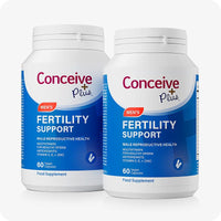Conceive Plus Men's Fertility Support + Lubricant featuring two blue-labeled 60-capsule bottles of Men's Fertility Support supplements, arranged side by side on a white background.