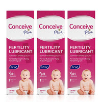 Conceive Plus Men's Fertility Support + Lubricant featuring 30ml fertility lubricant boxes, each showing pH-balanced sperm quality support messaging and baby imagery, arranged in a row against a white background.