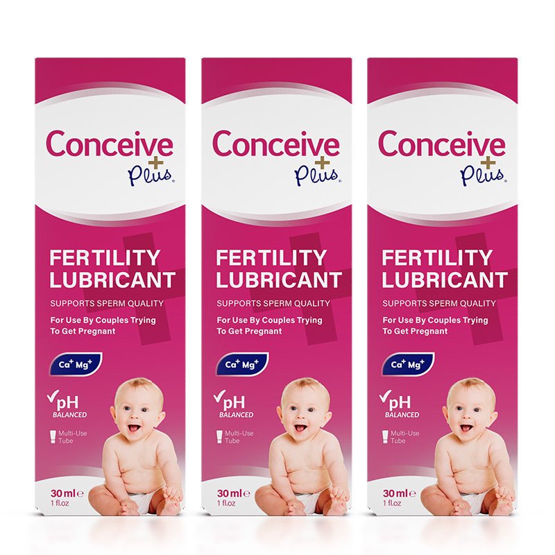 Conceive Plus Men's Fertility Support + Lubricant featuring 30ml fertility lubricant boxes, each showing pH-balanced sperm quality support messaging and baby imagery, arranged in a row against a white background.