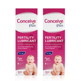 Conceive Plus Men's Fertility Support + Lubricant featuring two 30ml boxes of fertility lubricant with baby graphic and sperm quality support claims, displayed upright on a white background.