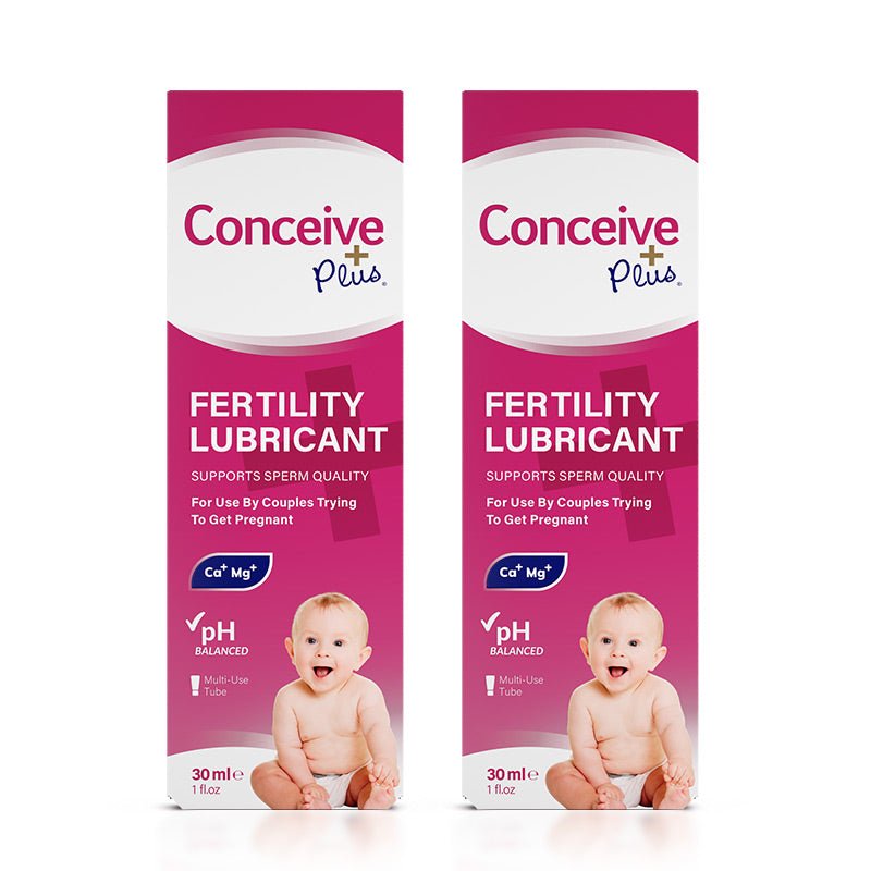 Conceive Plus Men's Fertility Support + Lubricant featuring two 30ml boxes of fertility lubricant with baby graphic and sperm quality support claims, displayed upright on a white background.