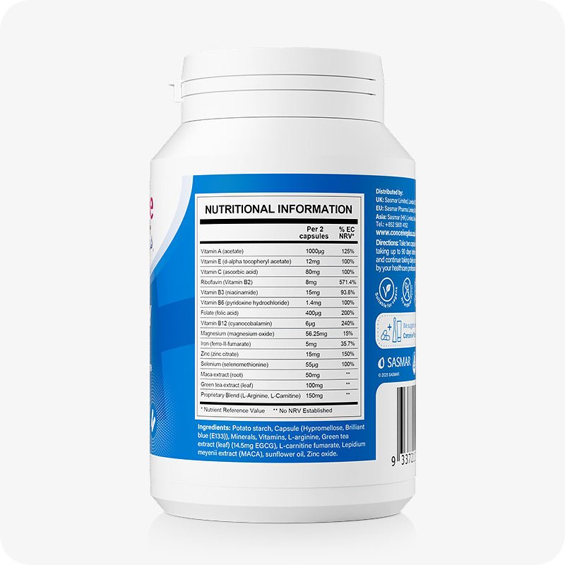 Conceive Plus Men's Fertility Support + Lubricant showing side label of Men's Fertility Support supplement bottle with detailed nutritional information, ingredient list, and daily value percentages, displayed on a white background.