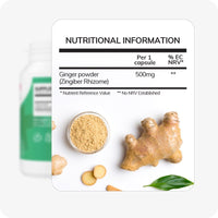 Conceive Plus Morning Sickness Relief nutritional facts image showing 500mg of ginger powder (Zingiber Rhizome) per capsule. Includes visuals of ginger root, sliced ginger, and ginger powder in a bowl on a white background.