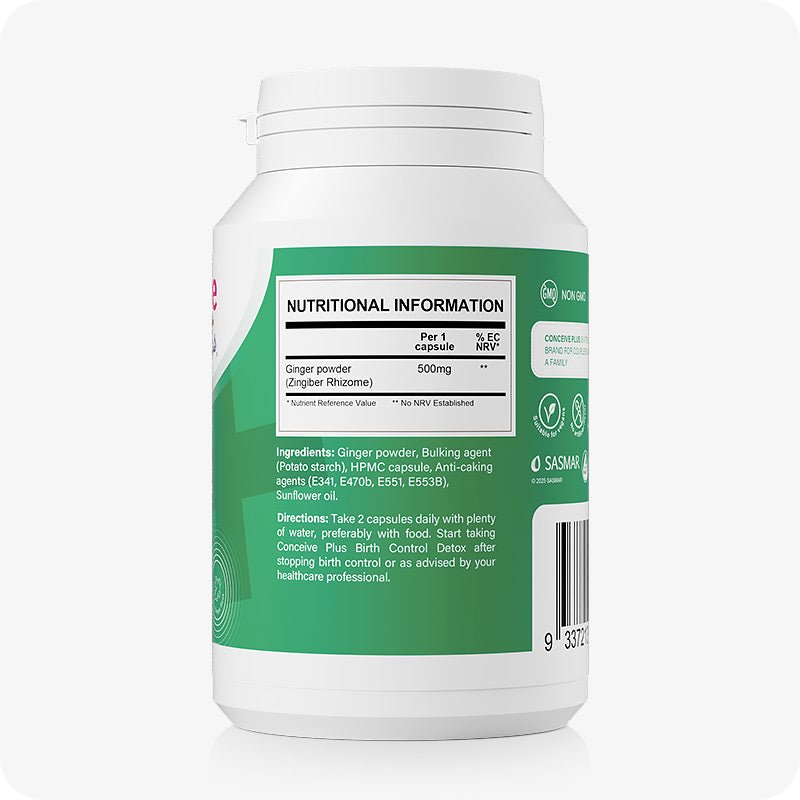 Conceive Plus Morning Sickness Relief supplement label showing nutritional facts. Contains 500mg of ginger powder (Zingiber Rhizome) per capsule. Green label includes a full ingredients list and usage directions for easing nausea.