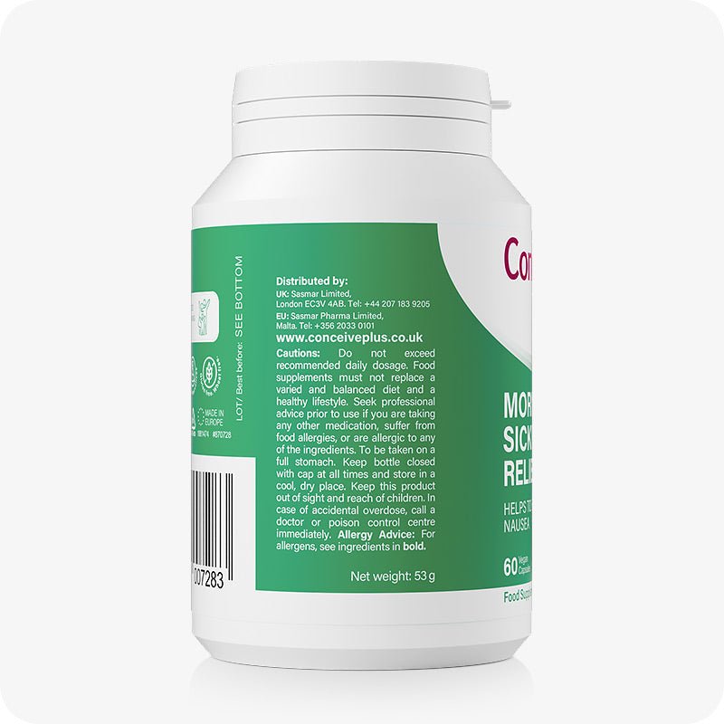 Side view of Conceive Plus Morning Sickness Relief bottle with distributor details and usage cautions. Green label advises consulting a healthcare provider and highlights safe storage instructions. Text also includes allergy advice and website information.