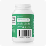 Back side of Conceive Plus Morning Sickness Relief supplement bottle showing product barcode and certifications. Green label features icons indicating product is vegan, non-GMO, preservative-free, and suitable for daily use. Text highlights that brand is trusted for family planning.