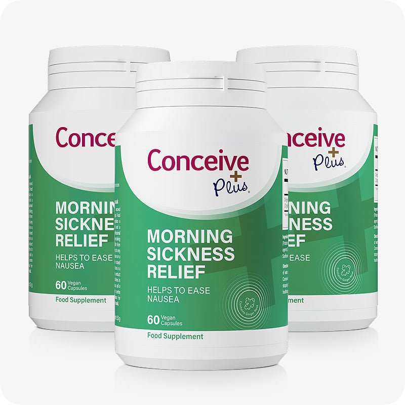 Three bottles of Conceive Plus Morning Sickness Relief, each containing 60 vegan capsules. Green and white label highlights product’s purpose to help reduce nausea during early pregnancy.