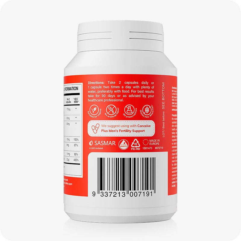 Conceive Plus Motility Pack - Male Fertility + Motility Supplement showing the back label of the Men's Motility Support bottle, with directions for use, icons, barcode, and nutritional details printed on a red background.