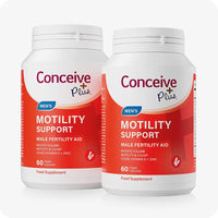 Conceive Plus Motility Pack - Male Fertility + Motility Supplement featuring a 2-pack of red-labeled Men's Motility Support bottles, each containing 60 vegan capsules formulated to boost sperm motility and volume, displayed on a clean white background.
