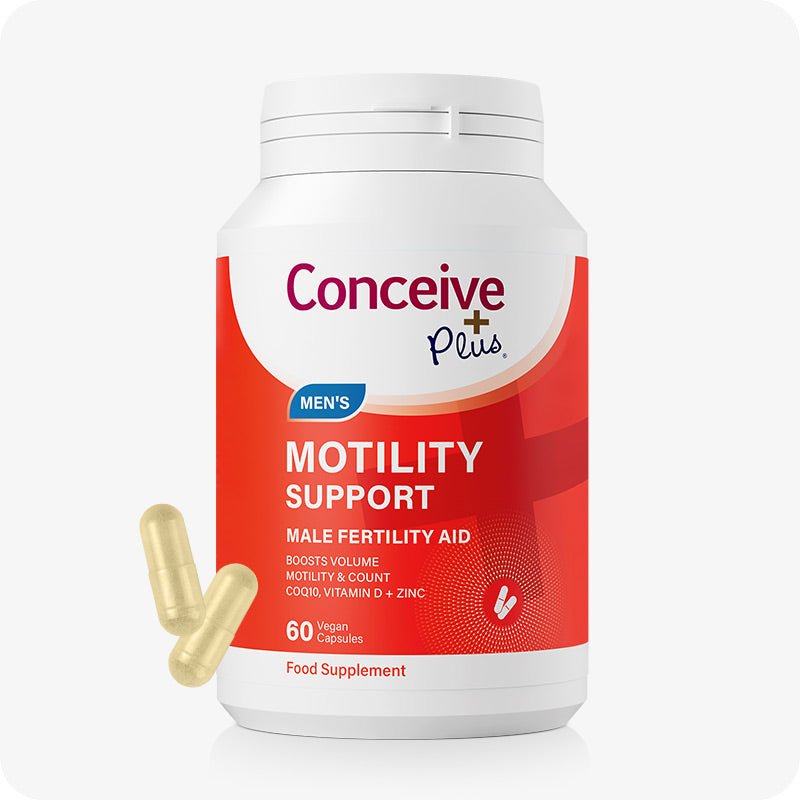 Conceive Plus Motility Support supplement bottle for men, featuring a red and white label. Includes 60 vegan capsules designed to support sperm motility and count with ingredients like CoQ10, Vitamin D, and Zinc. 2 beige capsules are displayed next to bottle.
