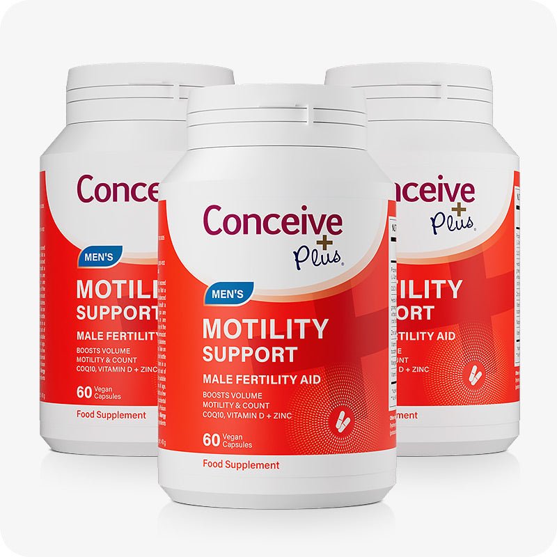 Triple pack of Conceive Plus Motility Support bottles, each containing 60 vegan capsules. Red and white label highlights its benefits as a male fertility aid, designed to improve sperm motility and count with CoQ10, Vitamin D, and Zinc.