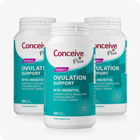 Conceive Plus Ovulation Pack - Fertility + Ovulation Supplements featuring a triple pack of Ovulation Support bottles, each labeled in teal with 120 vegan capsules, arranged in a triangular layout on a white background.