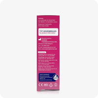 Conceive Plus Women's Fertility Support + Applicators featuring side panel of 3-pack fertility lubricant box showing manufacturer and distributor contact details, patent information, quality assurance label, and website URL, displayed on a pink and white background.