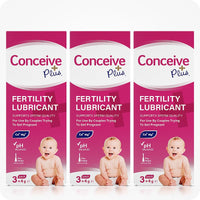 Conceive Plus Women's Fertility Support + Applicators featuring three upright boxes of 3-count pre-filled vaginal lubricant applicators with pH-balanced, sperm-friendly formula and baby imagery, displayed on a white background to emphasize fertility support and bundle value.
