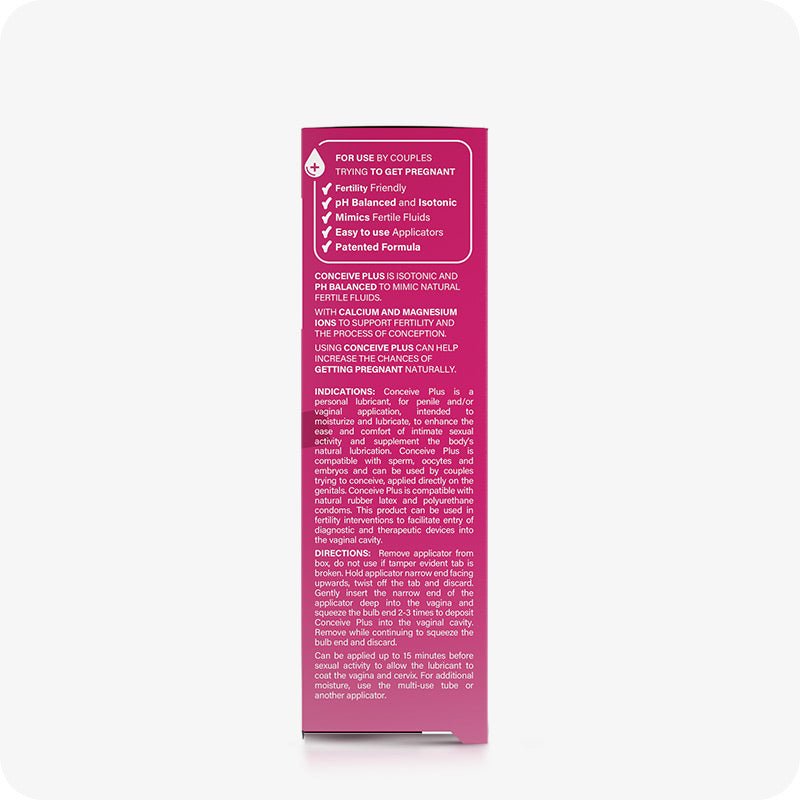 Conceive Plus Women's Fertility Support + Applicators featuring side panel of 3-pack lubricant box highlighting key product features, usage directions, and health claims including pH-balanced formula, calcium and magnesium ions, and easy-to-use applicators, all presented on a pink background.